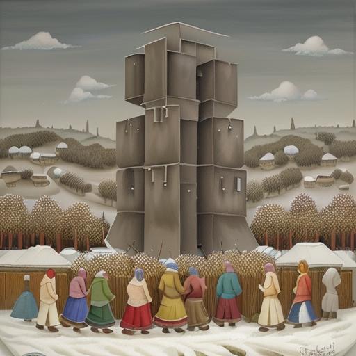 03126-3265143487-masterpiece, oil painting _(medium_), naive art, a remote village, people gathered around gigantic grey postmodern post soviet b.png